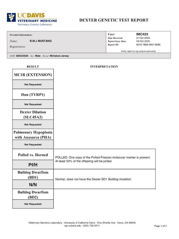 Dexter Genetic Test Report from UC Davis Veterinary Medicine
