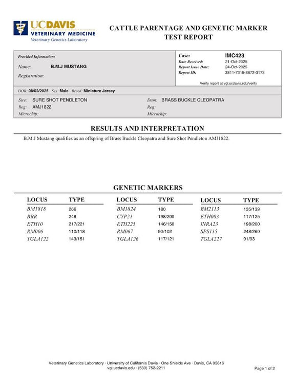Cattle parentage and genetic marker test report from UC Davis Veterinary Medicine