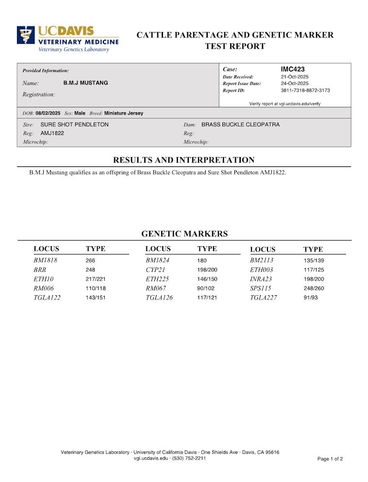 Cattle parentage and genetic marker test report from UC Davis Veterinary Medicine